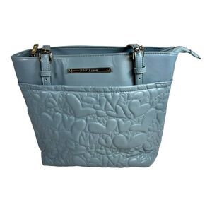 Betsey Johnson Light Blue Quilted Heart Purse Floral Interior 13” Shoulder Bag